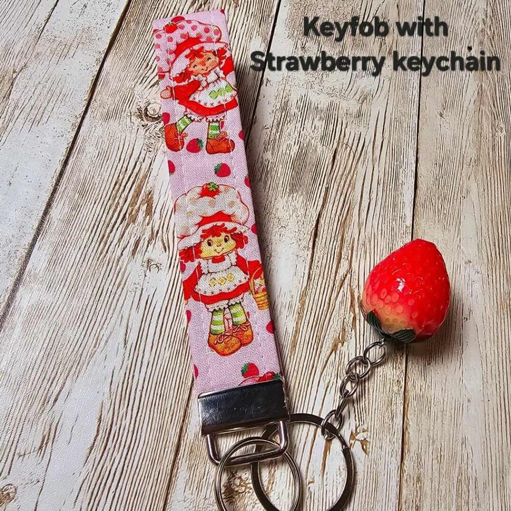 Strawberry Shortcake Fabric Keychain Wristlet: Vintage 1980s Handmade Key Fob